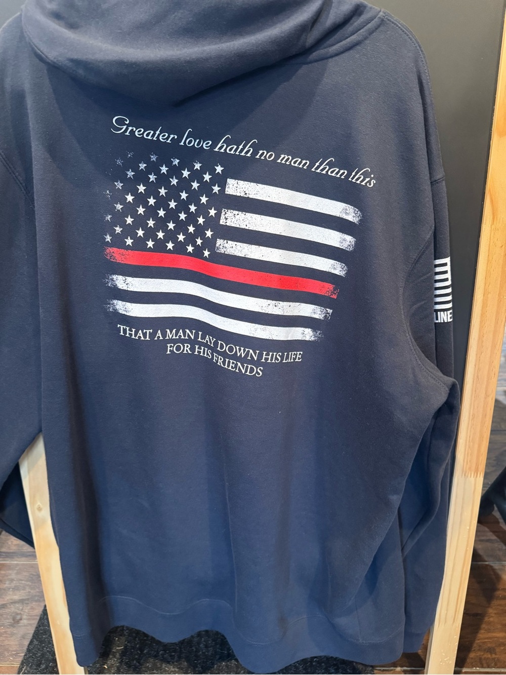 Men's 2xl Navy  Hoodie with Thin Red Line Flag Graphic
